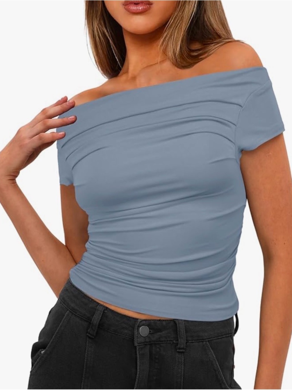 Off-Shoulder 🩵 Light Blue Women's Ruched Top - Picture 2 of 10